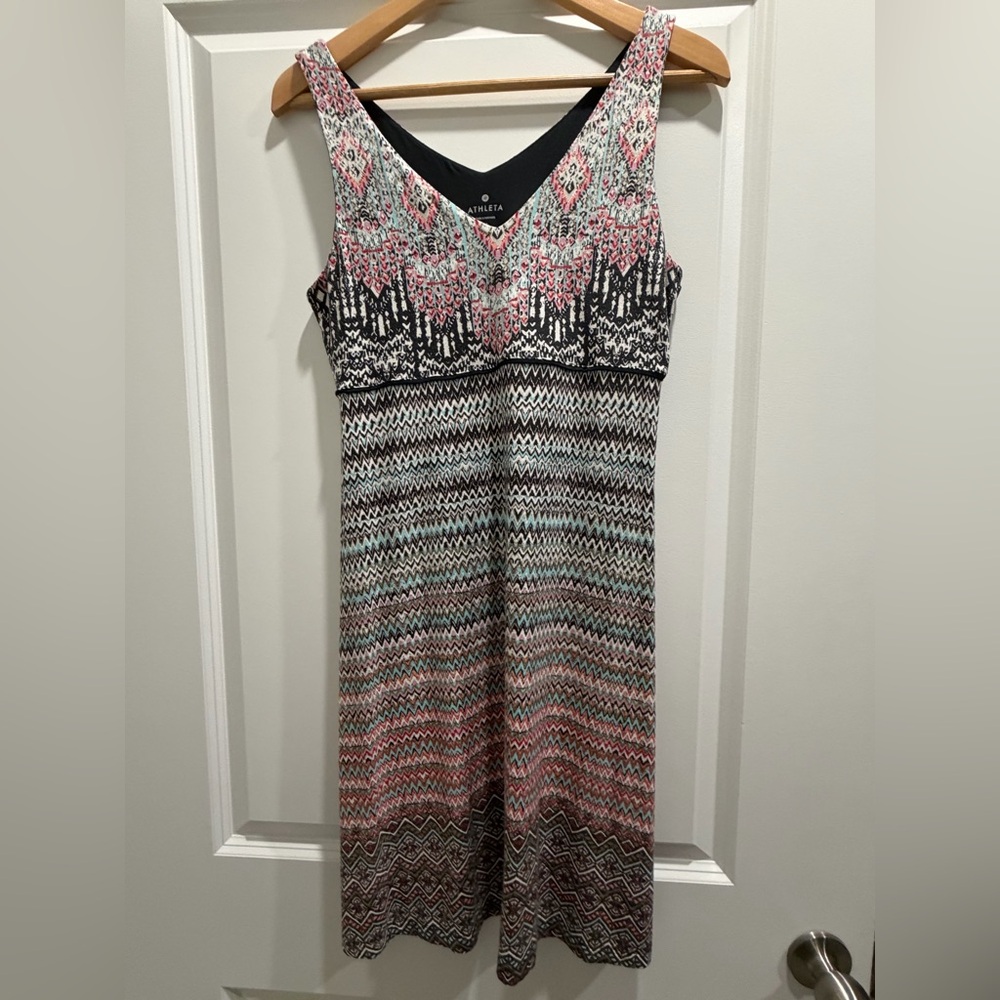 Athleta Super Soft Black and Pink Patterned Dress